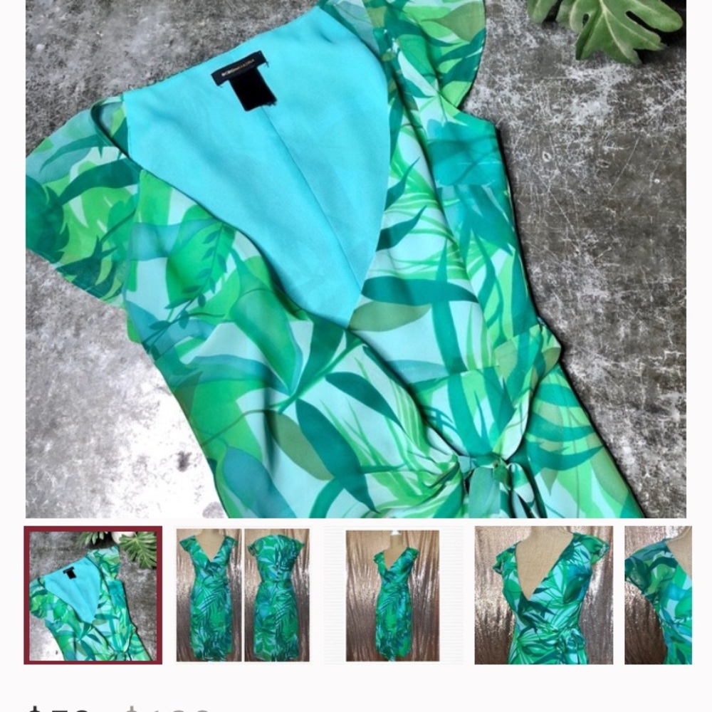 BCBG MaxAzria Green tropical leaf wrap dress sz 4 - Picture 3 of 4